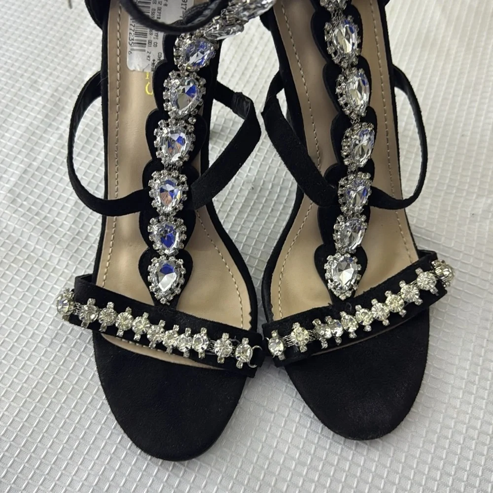 Jacobies Womens Open Toe Ankle Strap Black Crystal Studded Back Zipper Heel 7.5